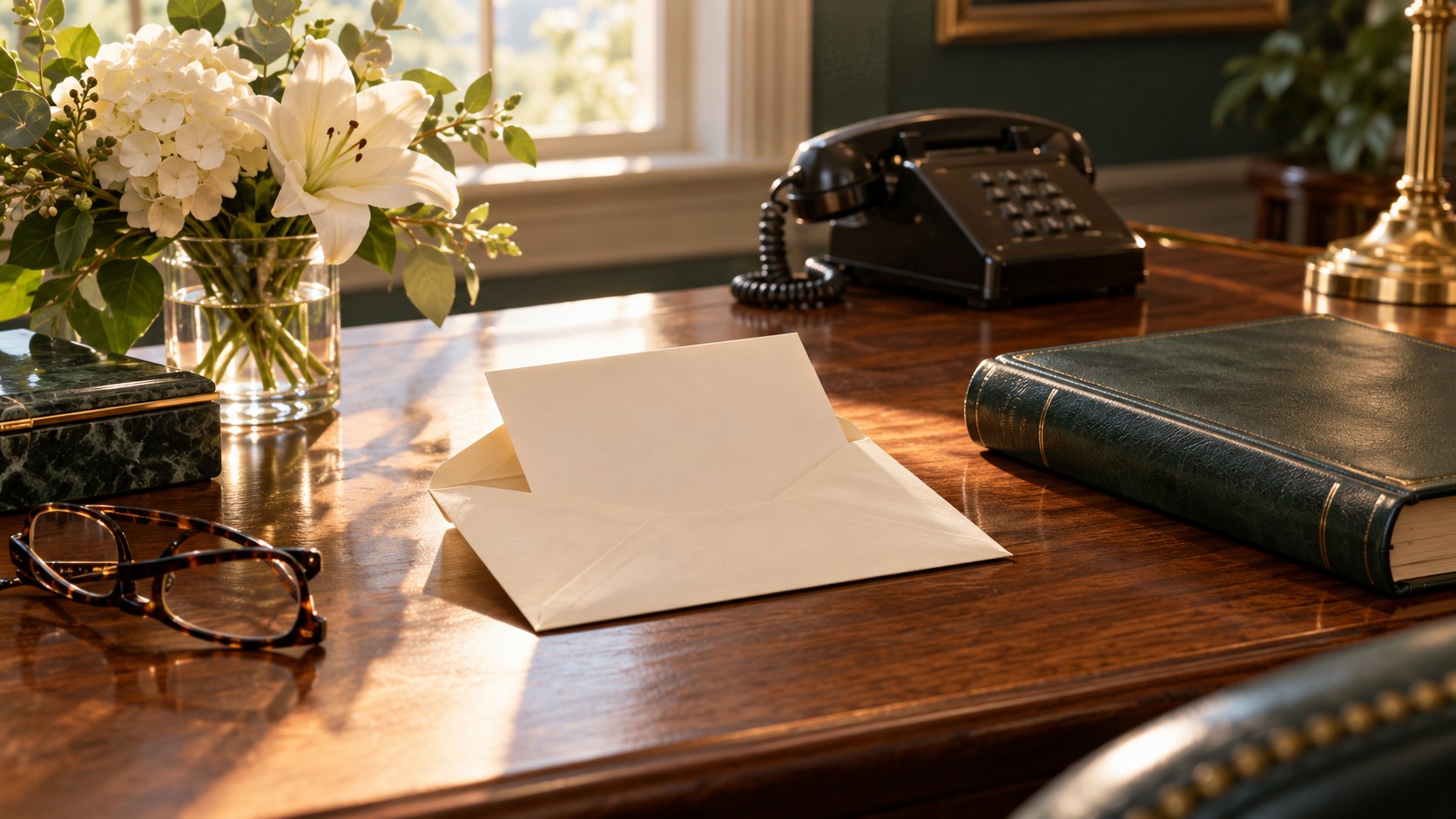 A sunlit funeral director's desk with a thank-you card, a telephone, fresh flowers, and a register book